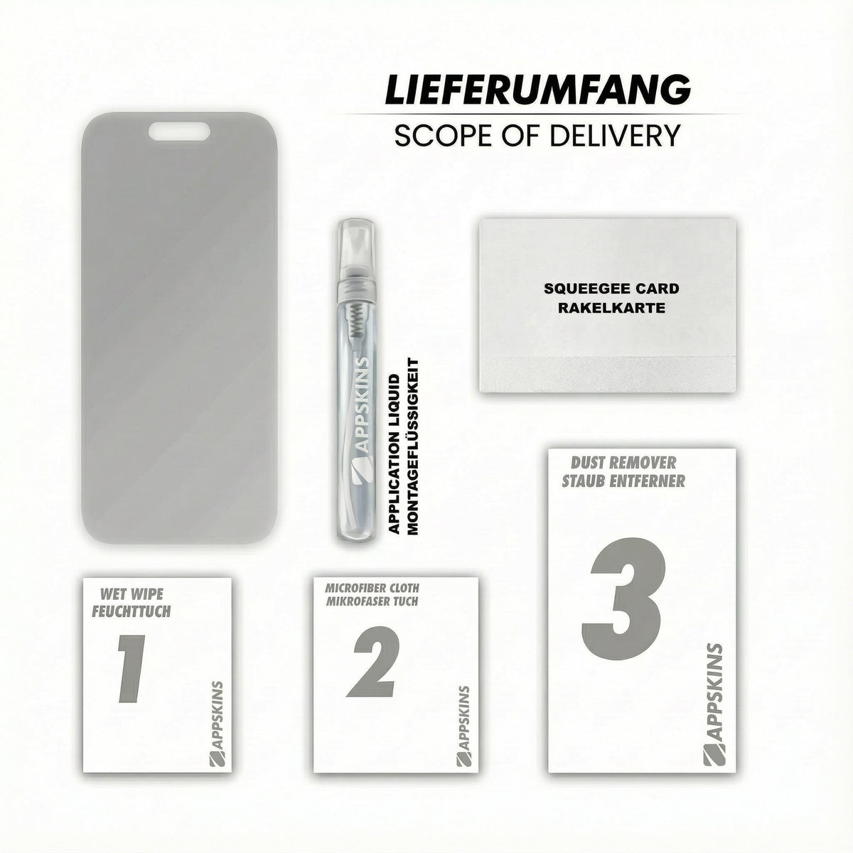 Lieferumfang: Folie, Montageflüssigkeit, Rakel und Cleaning-Kit