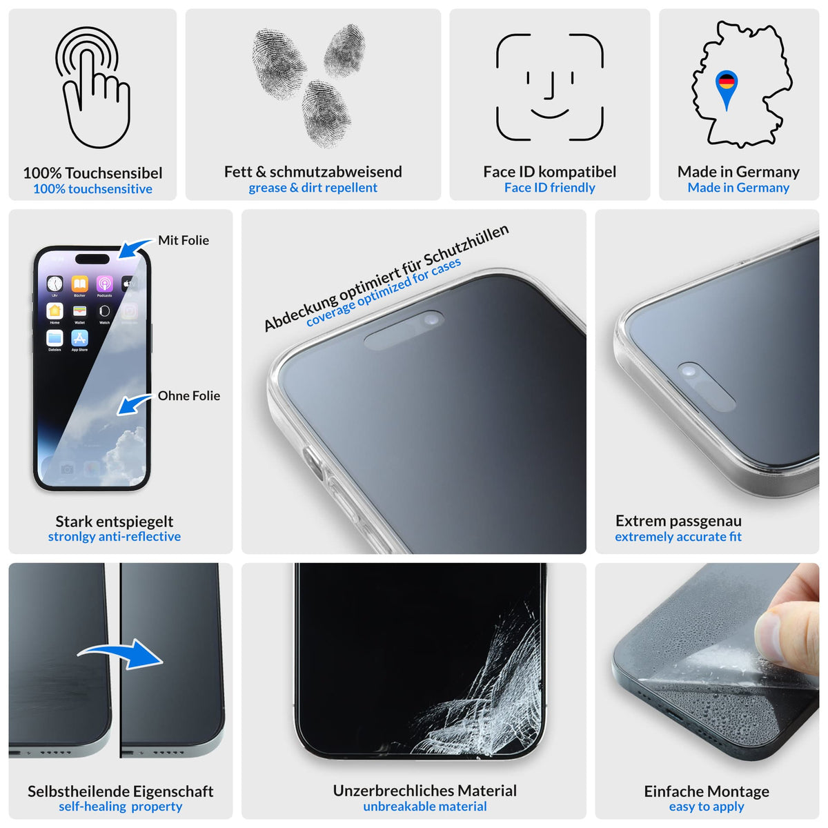 Crystal Advanced Panzerfolie - iPhone 18 Pro – Case-Compatible Matt, Detail #casecomp #matt
